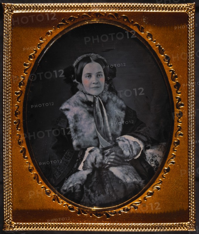 Woman in Bonnet and Coat with Fur Collar, Seated Portrait, Daguerreotype, circa 1850's