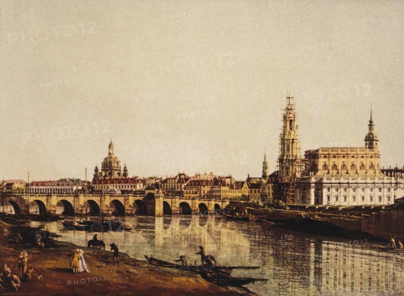 Dresden seen from the Right Banks of the river Elbe below the bridge Augustus, Painting by Bernardo Bellotto, also known as Canaletto (1721-1780), 1748