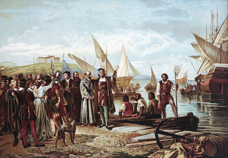 Embarkation and Departure of Christopher Columbus from Port of Palos, August 3, 1492, Chromolithograph from Painting by Ricardo Balaca, 1892