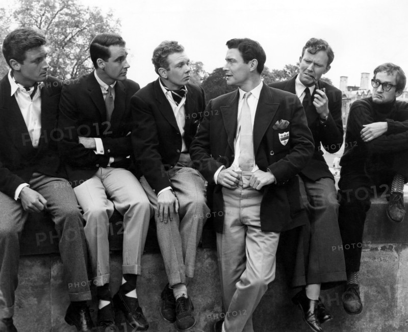 John Richardson, Philip Gilbert, Peter Myers, Ronald Lewis, Jeremy Burnham, Charles Kay, on-set of the Film, "Bachelor of Hearts", 1958