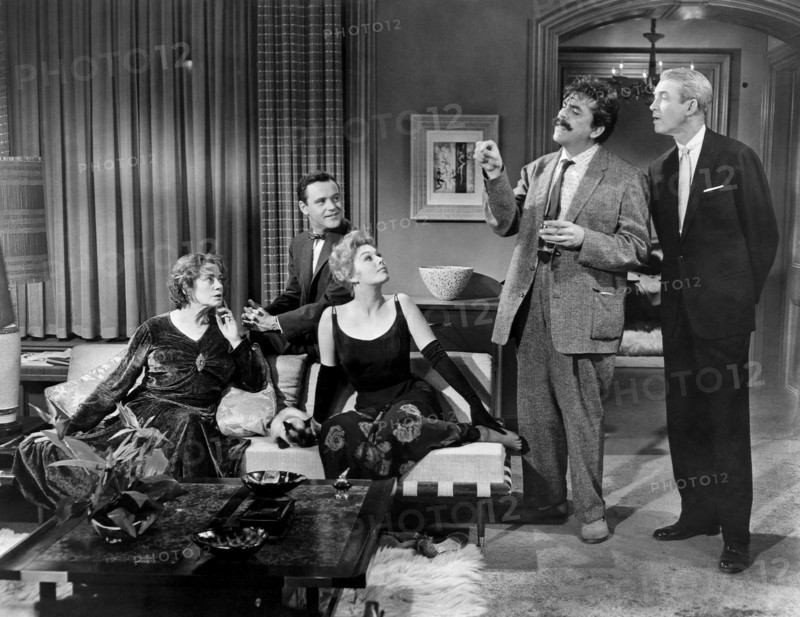 Elsa Lanchester, Jack Lemmon, Kim Novak, Ernie Kovacs, James Stewart, on-set of the Film, "Bell, Book and Candle", 1958