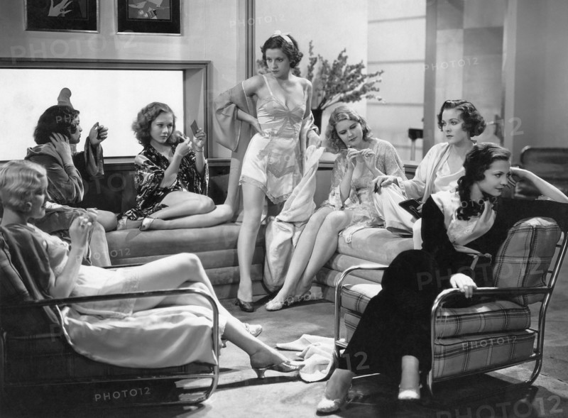 Claudia Dell, (third from left), Florence Britton, (standing), Martha Sleeper, Sylvia Sidney, (right), on-set of the Film, "Confessions of a Co-Ed", 1931