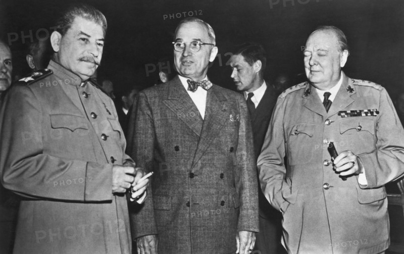 U.S. President Harry S. Truman, (center), Soviet Premier Joseph Stalin, British Prime Minister Winston Churchill, Potsdam Conference, July 1945