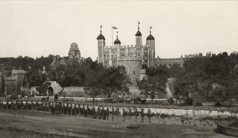 Tower of London, View from Tower Bridge, London, England, H.M. Office of Works, photogravure by Harrison & Sons Ltd London , Postcard, circa 1920