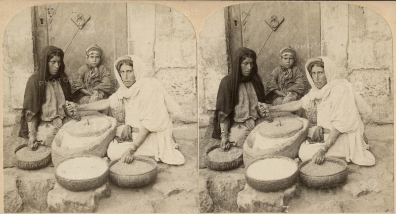 Women Grinding at the Mill, Palestine, Stereo Card, circa 1900