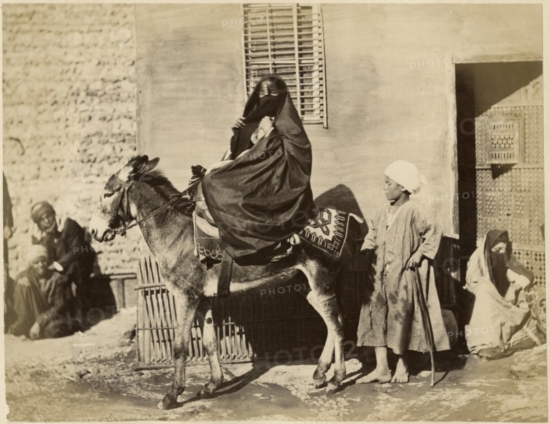 Veiled Arab Woman on Donkey, Egypt, Albumen Print, circa 1880
