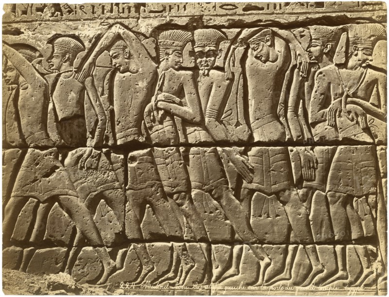 Bas-Relief of Philistine Prisoners, Medinet Habu Temple, Luxor, Egypt, Albumen Print, circa 1880