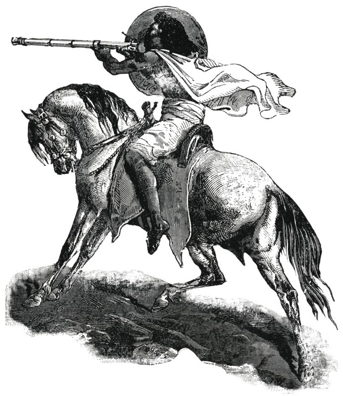 Abyssinian Soldier on Horseback, Africa, "Classical Portfolio of Primitive Carriers", by Marshall M. Kirman, World Railway Publ. Co., Illustration, 1895