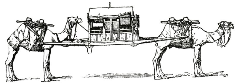 Palanquin and Camels, Algeria, Africa, "Classical Portfolio of Primitive Carriers", by Marshall M. Kirman, World Railway Publ. Co., Illustration, 1895