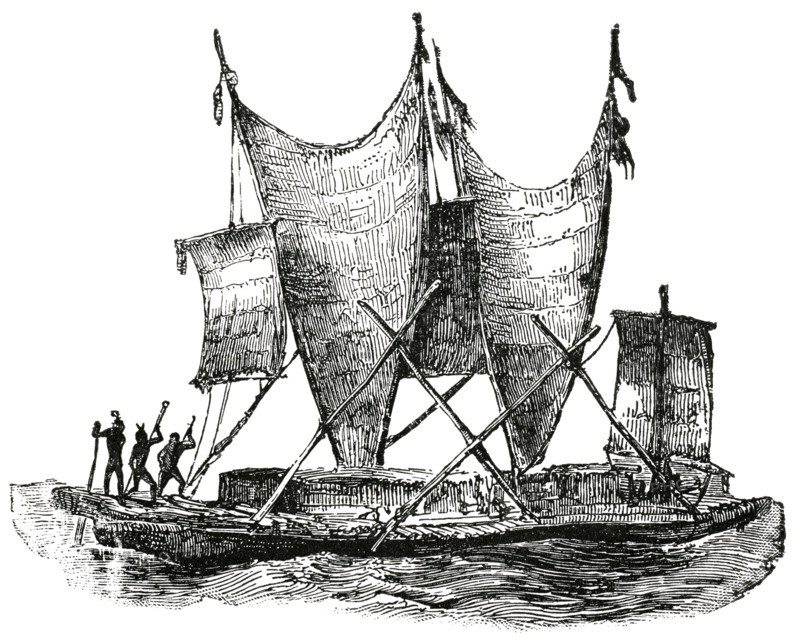 Water Craft Consisting of House Built on Canoe, New Guinea, "Classical Portfolio of Primitive Carriers", by Marshall M. Kirman, World Railway Publ. Co., Illustration, 1895
