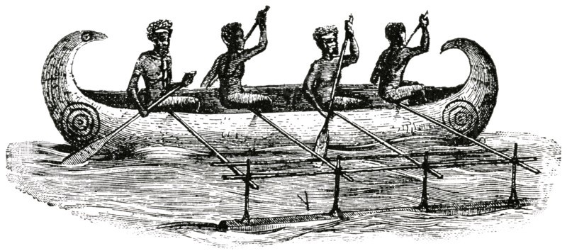 Aborigines Traveling by Canoe made of Hollow Log, New Britain, Papua New Guinea, "Classical Portfolio of Primitive Carriers", by Marshall M. Kirman, World Railway Publ. Co., Illustration, 1895