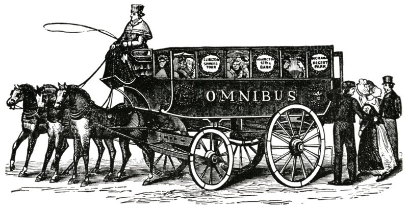 First English Omnibus, 1829, "Classical Portfolio of Primitive Carriers", by Marshall M. Kirman, World Railway Publ. Co., Illustration, 1895
