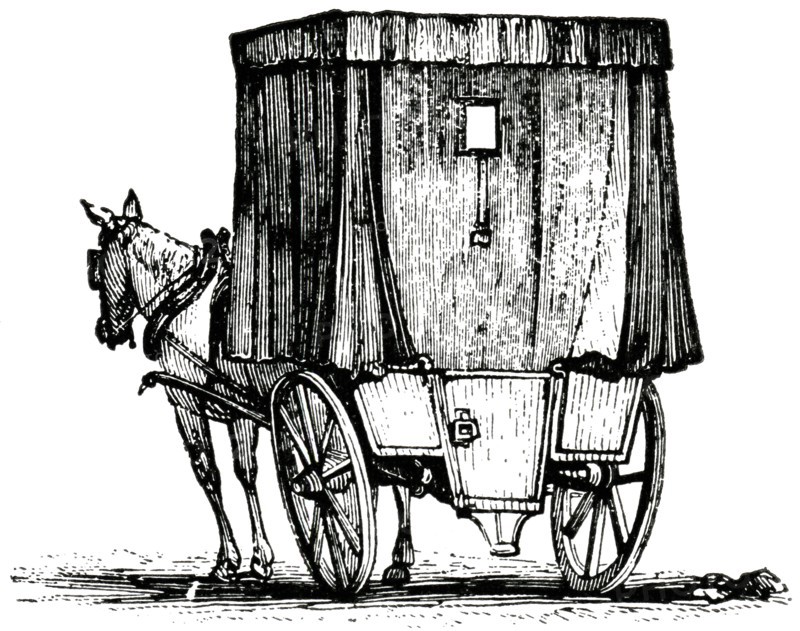 Horse-Drawn Inside Jaunting Car, England, "Classical Portfolio of Primitive Carriers", by Marshall M. Kirman, World Railway Publ. Co., Illustration, 1895