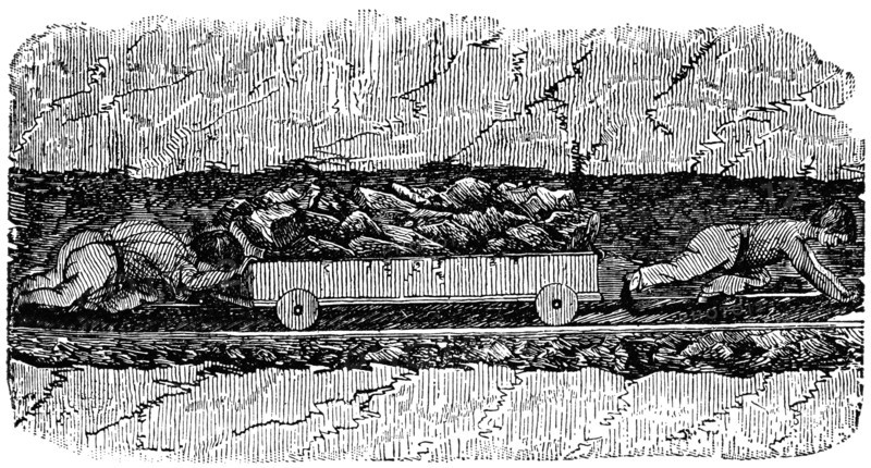 Pushing and Pulling Coal Wagon in Mine, England, 1820's, "Classical Portfolio of Primitive Carriers", by Marshall M. Kirman, World Railway Publ. Co., Illustration, 1895