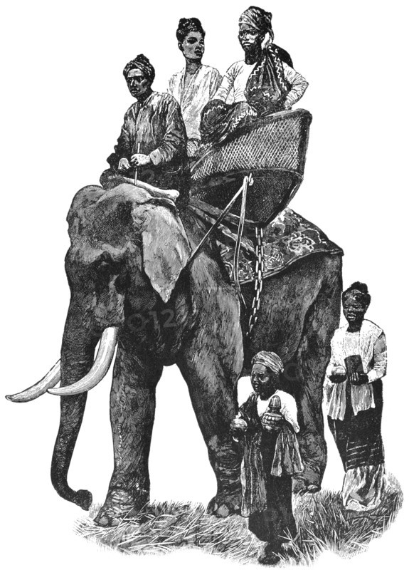 Burmese Prince on Visit of State, With his Wife, "Classical Portfolio of Primitive Carriers", by Marshall M. Kirman, World Railway Publ. Co., Illustration, 1895
