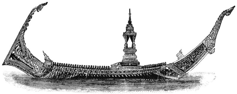 Highly Ornamented Barge, with Forty Rowers on Each Side, Used by King of Siam, 1855, "Classical Portfolio of Primitive Carriers", by Marshall M. Kirman, World Railway Publ. Co., Illustration, 1895