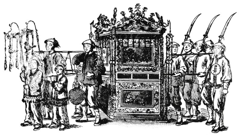 Marriage Procession on its Way to Ceremony, China,  "Classical Portfolio of Primitive Carriers", by Marshall M. Kirman, World Railway Publ. Co., Illustration, 1895