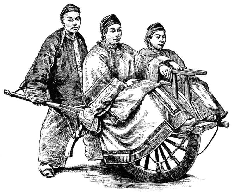 Two People Being Transported by Single-Wheel Cart, China, "Classical Portfolio of Primitive Carriers", by Marshall M. Kirman, World Railway Publ. Co., Illustration, 1895