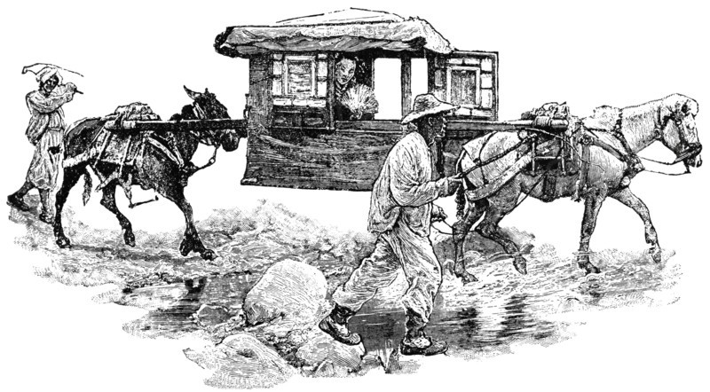 Litter Being Transported by Horses, China, "Classical Portfolio of Primitive Carriers", by Marshall M. Kirman, World Railway Publ. Co., Illustration, 1895