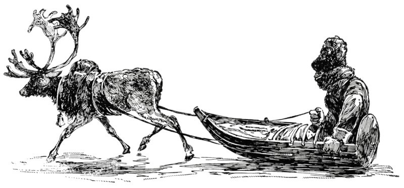 Reindeer Pulling Carriage in Lapland, "Classical Portfolio of Primitive Carriers", by Marshall M. Kirman, World Railway Publ. Co., Illustration, 1895