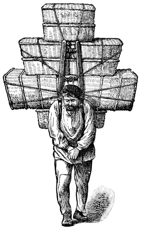 Porter Carrying Baskets on Back, Paris, France, "Classical Portfolio of Primitive Carriers", by Marshall M. Kirman, World Railway Publ. Co., Illustration, 1895