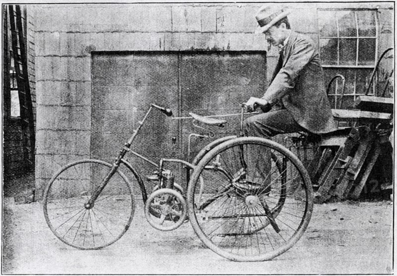 Inventor Hiram Percy Maxim seated on his Motor Tricycle, Hyde Park Massachusetts, USA, circa 1895