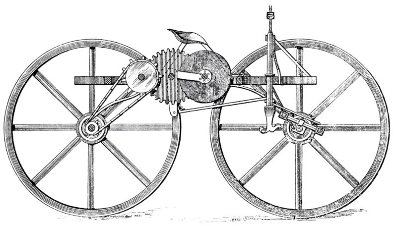 Spring Motor on Bicycle, Invented by D.I. Lybe, Sidney, Iowa, USA, Illustration, circa  1895