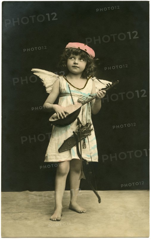 Young Winged Cherub with Lute, Bow & Arrow, French Postcard, circa 1922