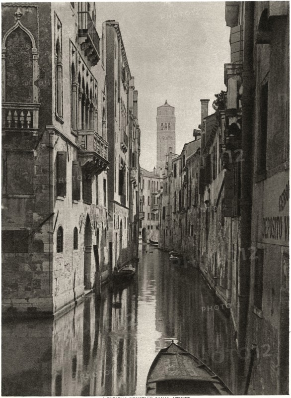 Typical Venetian Canal, Leaning Tower of Santo Stefano in Background, Venice, Italy, Illustration circa 1910