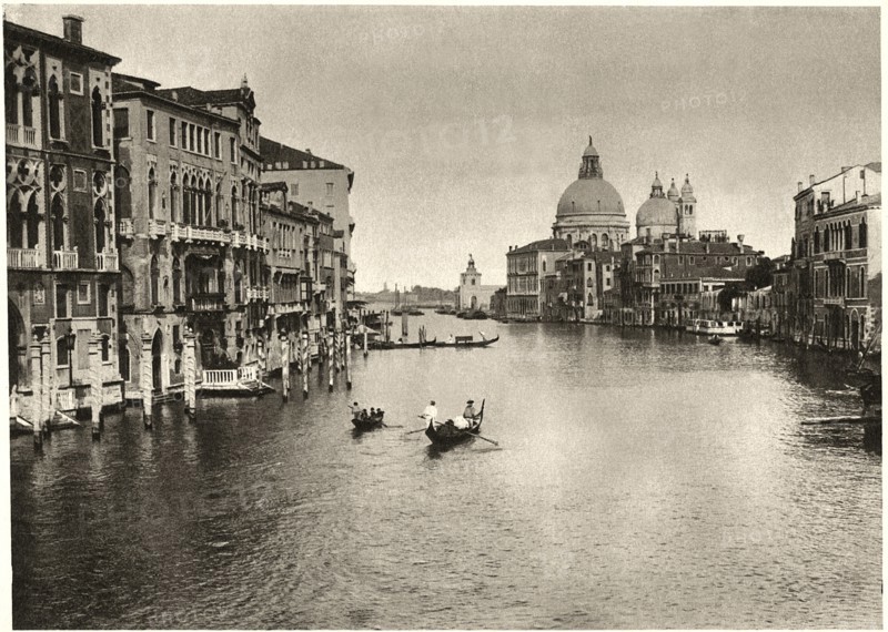 Grand Canal, Basilica di Santa Maria della Salute in Background, and Dogana di Mare Further Distant, Venice, Italy, circa 1910