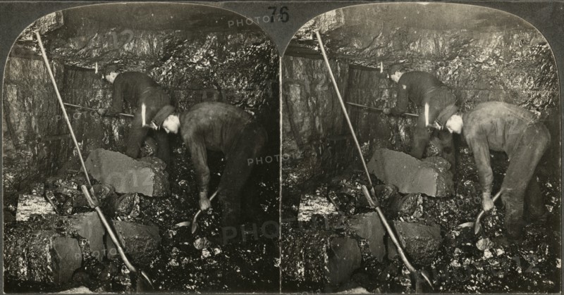 Miner Drilling and Laborer Loading Anthracite, Scranton, Pa,  Stereo Card, circa 1915