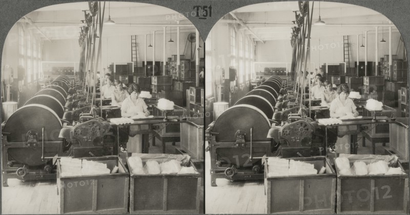First Drawing or Straightening of Fibers, Silk Industry (Spun Silk), So. Manchester Conn., Stereo Card, circa 1914