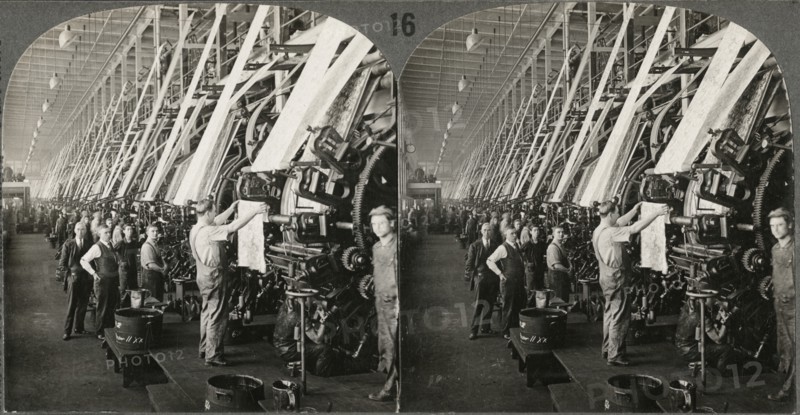 General View in Large Printing Room of Cotton Mills, Lawrence, Mass., Stereo Card, circa 1916