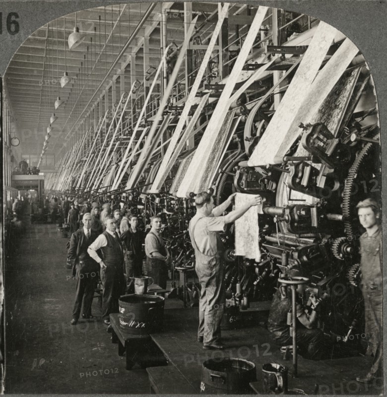 General View in Large Printing Room of Cotton Mills, Lawrence, Mass., Single Image of Stereo Card, circa 1916
