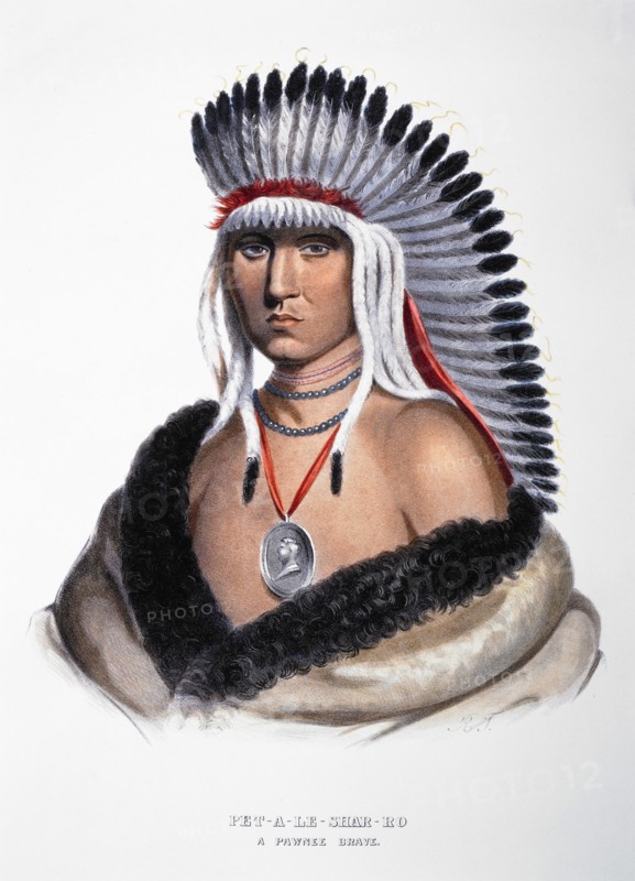 Pet-A-Le-Shar-Ro, Pawnee Chief, Portrait, McKenney & Hall Lithograph from an 1821 Painting by Charles Bird King
