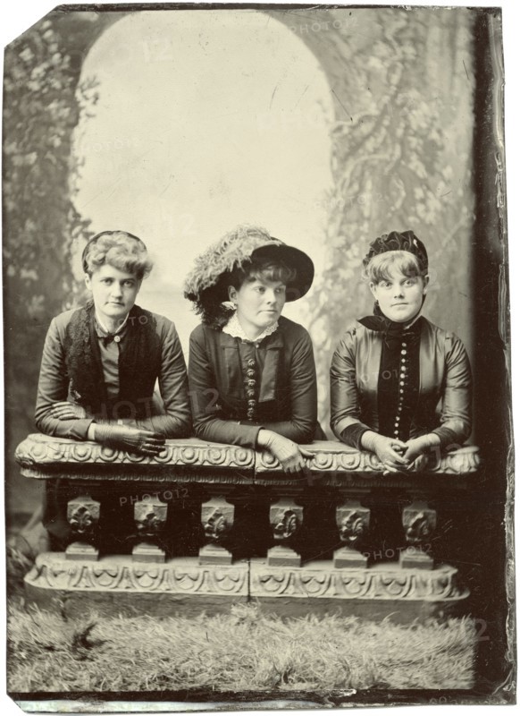 Portrait of Three Adult Women, Kneeling Against Stone Bannister, circa 1870