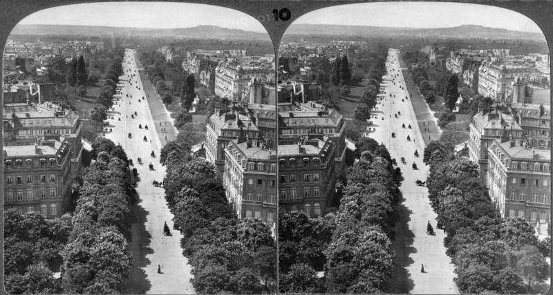 Avenue Bois de Boulogne, View from Arch de Triumph looking West to Mont Valerien, Paris, France, Underwood & Underwood, Stereo Card,  circa 1900