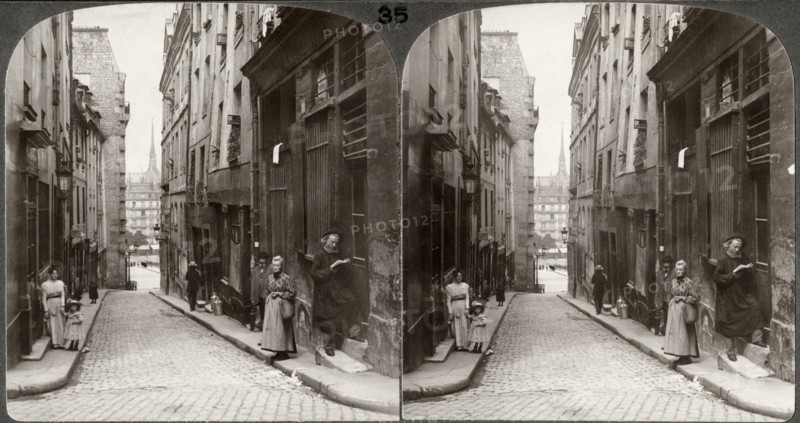 Narrow Street in Old Latin Quarter, Notre Dame in distance, Paris, France, Underwood & Underwood, Stereo Card, circa 1900