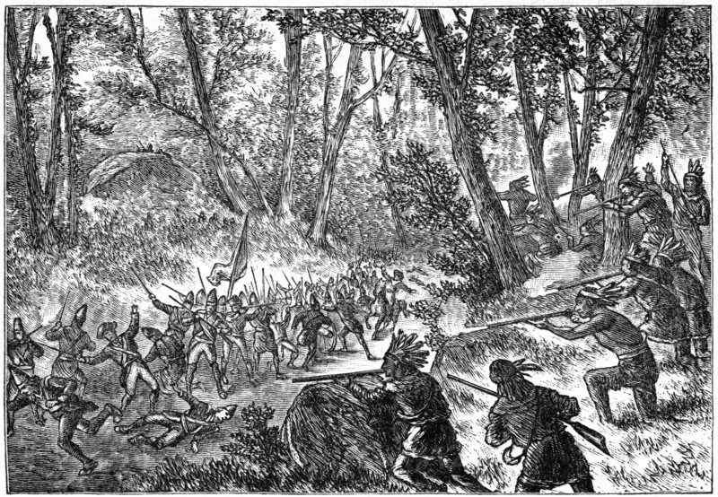 General Edward Braddock (1695-1755), “Braddock’s Defeat”,  French and Indian War, 1755, Book Illustration from “Indian Horrors or Massacres of the Red Men”, by Henry Davenport Northrop, 1891