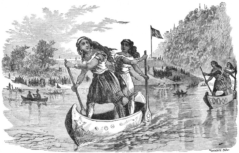 “Indian Amusements, Canoe Race Between Sioux Squaws” Sioux, by Artist S. C. Sharp, Book Illustration from “Indian Horrors or Massacres of the Red Men”, by Henry Davenport Northrop, 1891