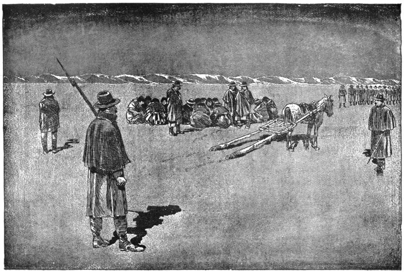 “Band of Hostiles on the Way to Pine Ridge Agency”, established 1889, Book Illustration from “Indian Horrors or Massacres of the Red Men”, by Henry Davenport Northrop, 1891