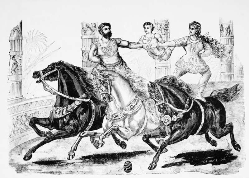 Man and Woman Riding Bareback on Horses While Holding Child Between Them, Circus Performance, Engraving, 19th Century