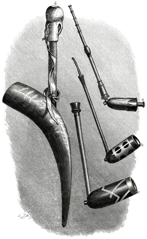Three Tobacco Pipes (right) and Dacha Pipe, Africa, Illustration, 1885