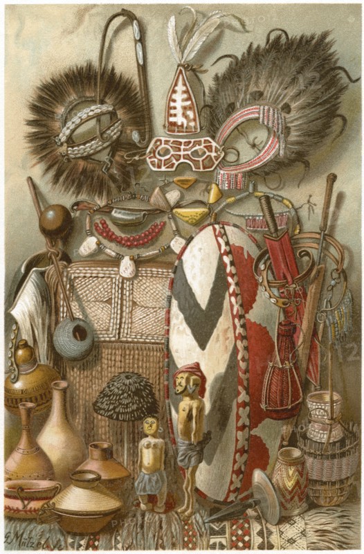 Assortment of East African Weapons and Equipment, Africa, Illustration, 1885