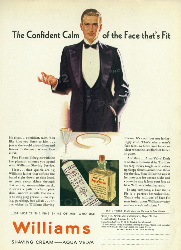 Man in Tuxedo, Advertisement for Williams Shaving Cream and Aqua Velva, "The Confident Calm of the Face That's Fit", USA, 1932