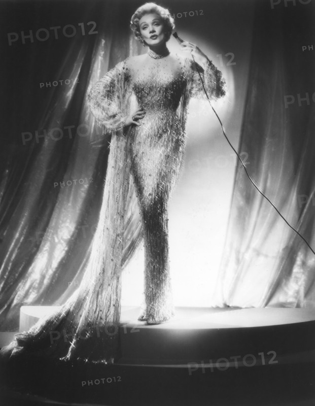 Marlene Dietrich, on Stage Wearing Beaded Illusion Gown with Cape, 1950's