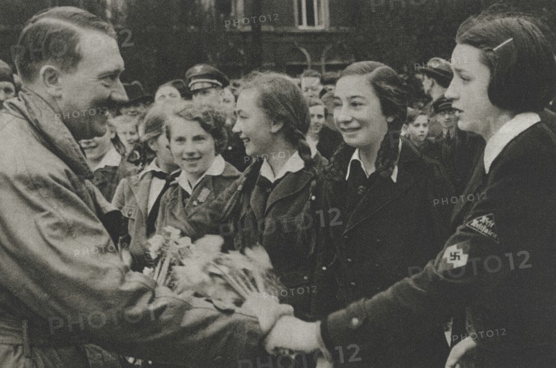Adolf Hitler being Greeted by Group of Teen Girls