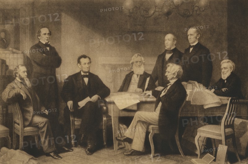 U.S. President Abraham Lincoln and First Reading of the Emancipation Proclamation of 1863, Washington DC, USA, Illustration