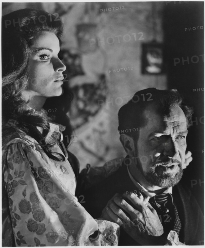 Debra Paget, Vincent Price, on-set of the Film, "The Haunted Palace", 1963