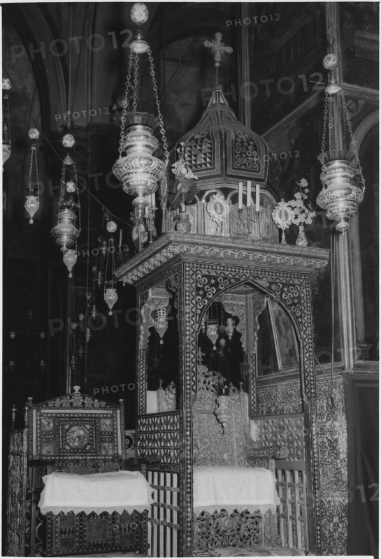 Throne of St. James the Less (R), Seat of Armenian Orthodox Patriarch (L), Cathedral of St James, Old City, Jerusalem, 1960